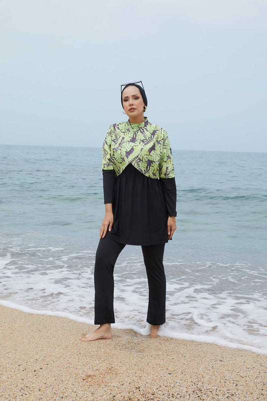 Allerli Patterned Modest Swimsuit Oil Green