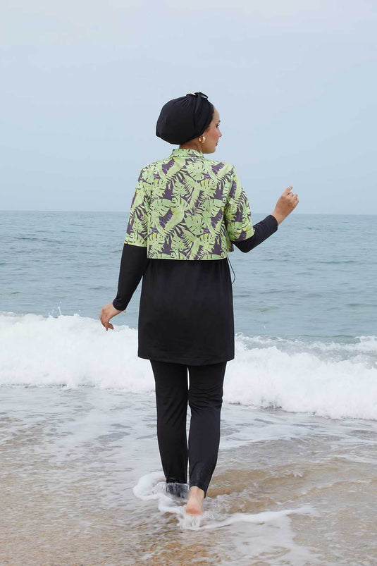 Allerli Patterned Modest Swimsuit Oil Green