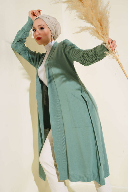 Grape Sleeve with Tie Long Cardigan Pistachio Green