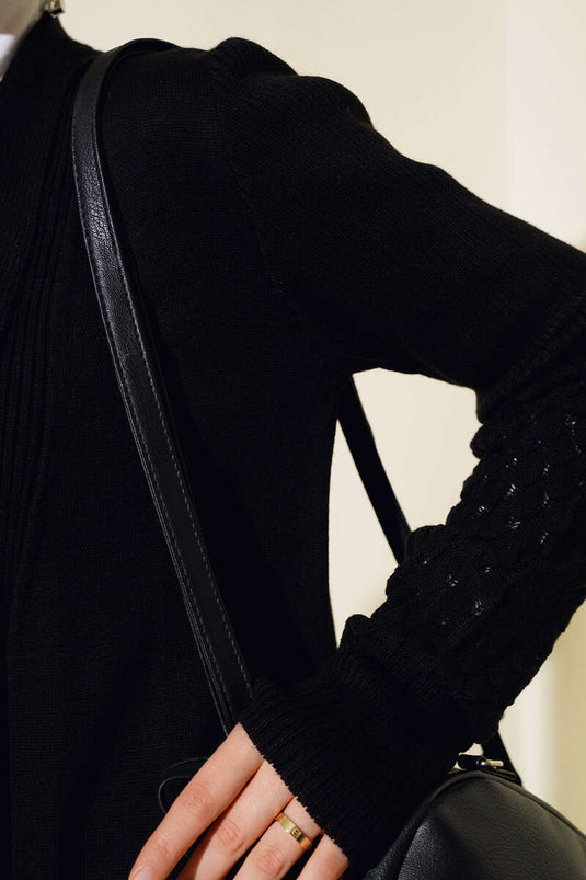 Grape Sleeve Lace-Up Long Cardigan Black