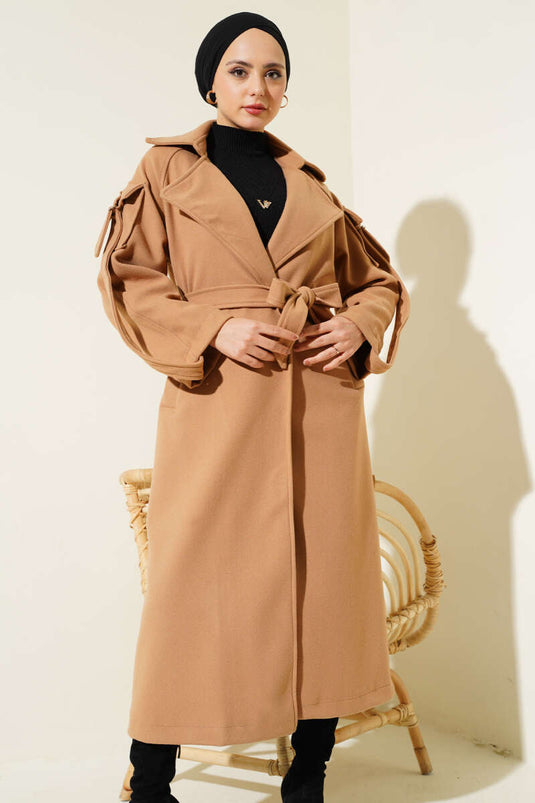 Manteau Long à Epaulettes Camel