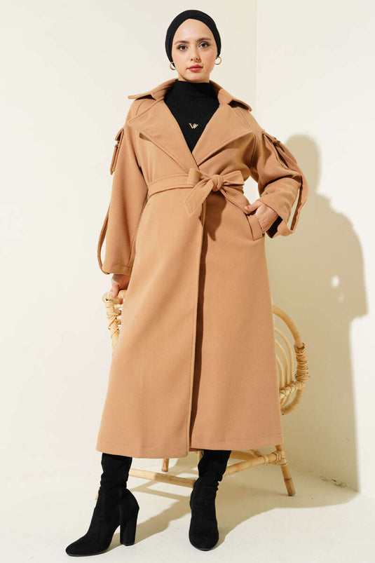 Manteau Long à Epaulettes Camel