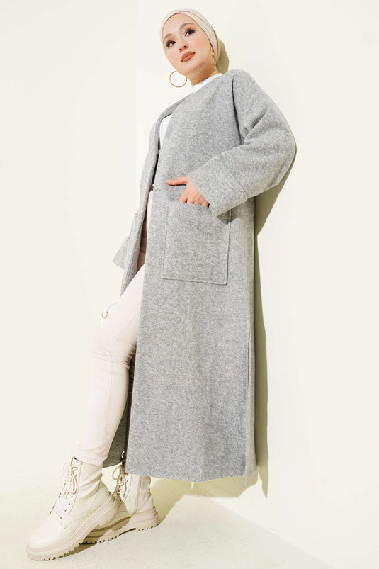 Langer Wollmantel mit Taschen in Grau
