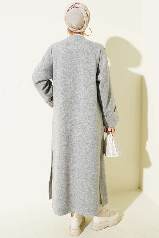 Langer Wollmantel mit Taschen in Grau