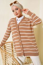 Cardigan Long En Maille Rayé Boutonné Latte