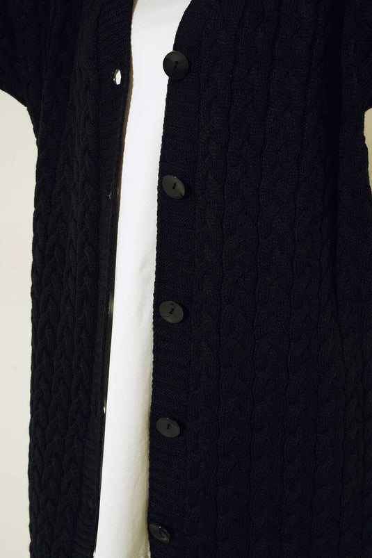 Cardigan Long Boutonné En Maille Noir