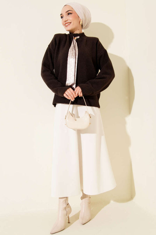 Long Scarf Knit Sweater Dark Brown