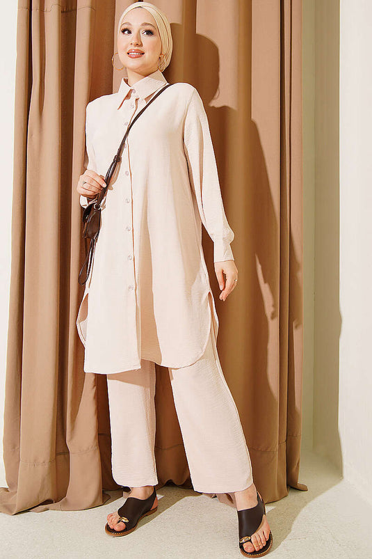 Ensemble Deux Pièces Basic Avec Chemise Longue Beige