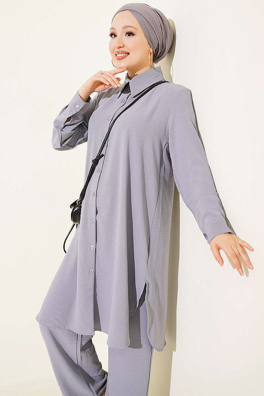 Long Shirt Basic Two-Piece Set Grey