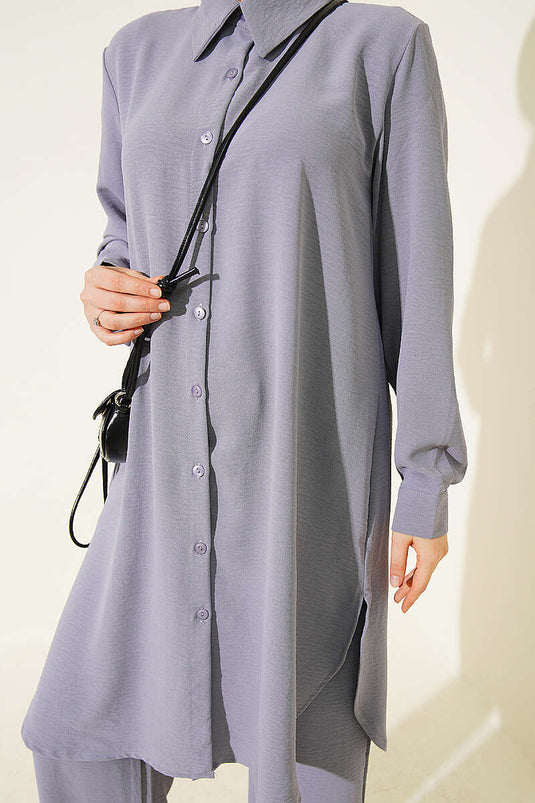 Long Shirt Basic Two-Piece Set Grey