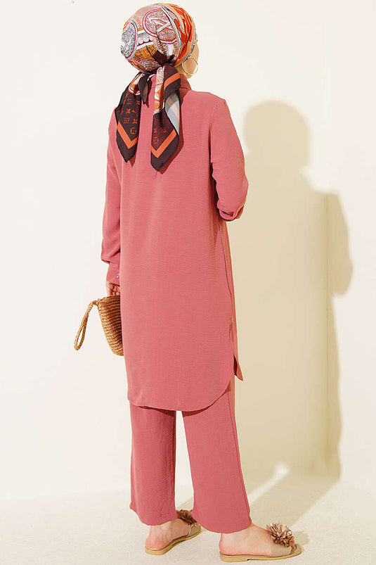 Long Shirt Basic Two-Piece Set In Rose Beige