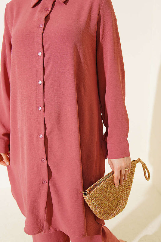 Long Shirt Basic Two-Piece Set In Rose Beige
