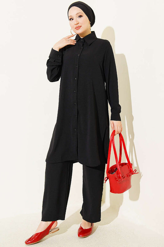Ensemble Deux Pièces Basic À Chemise Longue Noir