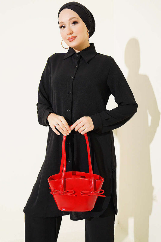 Ensemble Deux Pièces Basic À Chemise Longue Noir