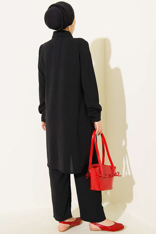 Ensemble Deux Pièces Basic À Chemise Longue Noir
