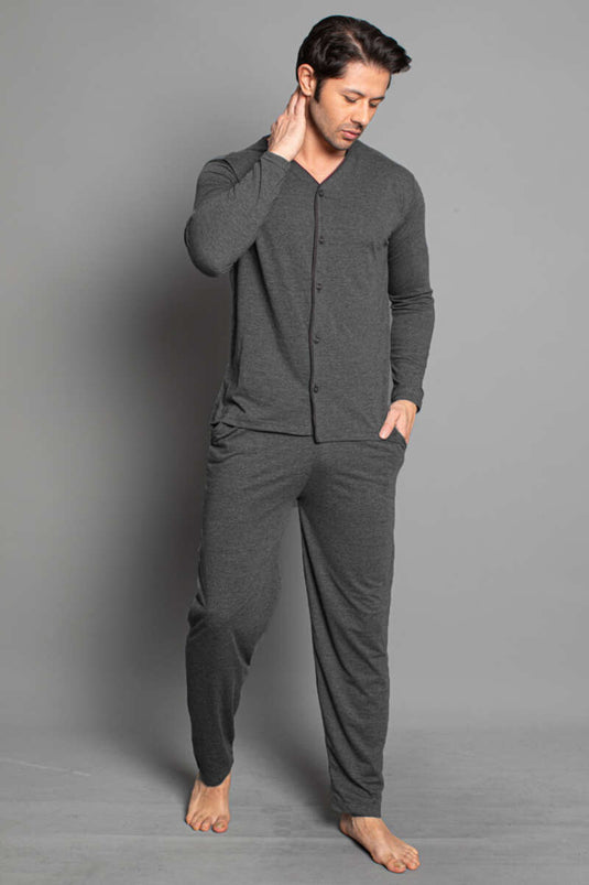 Ensemble pyjama homme à manches longues et boutons, anthracite et noir
