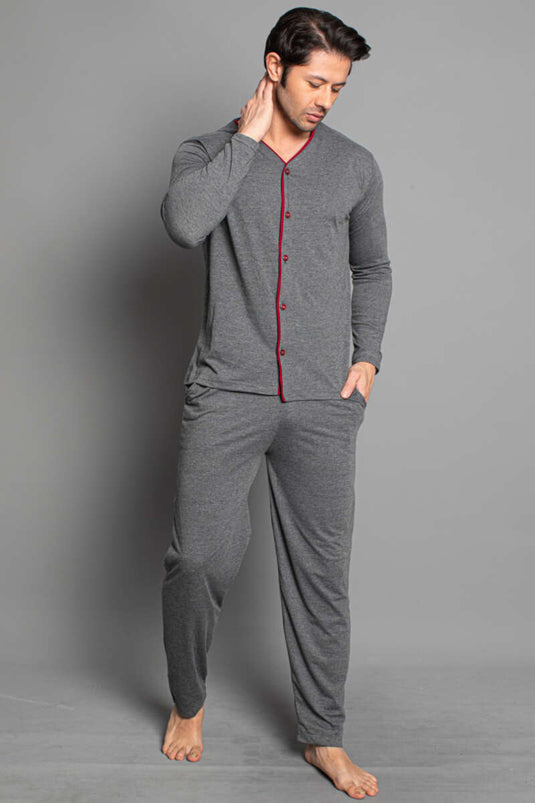 Ensemble pyjama homme à manches longues et boutons, couleur bordeaux fumé
