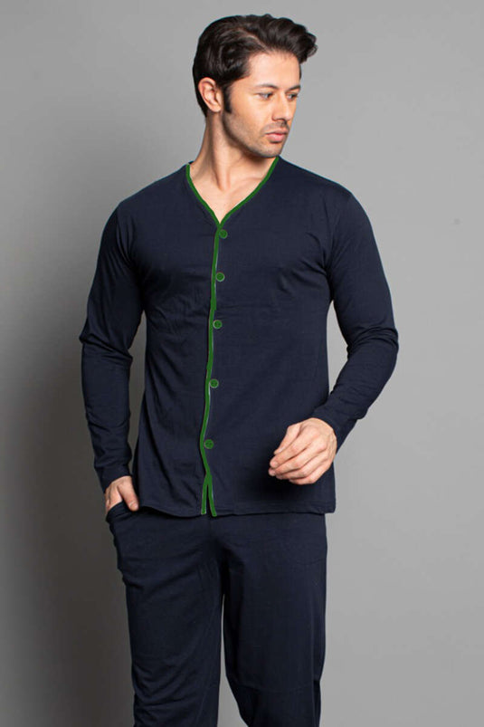 Ensemble pyjama homme à manches longues et boutons, bleu marine et kaki