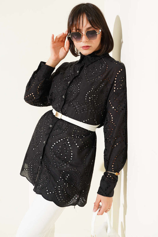 قميص مطرز بأكمام طويلة باللون الأسود