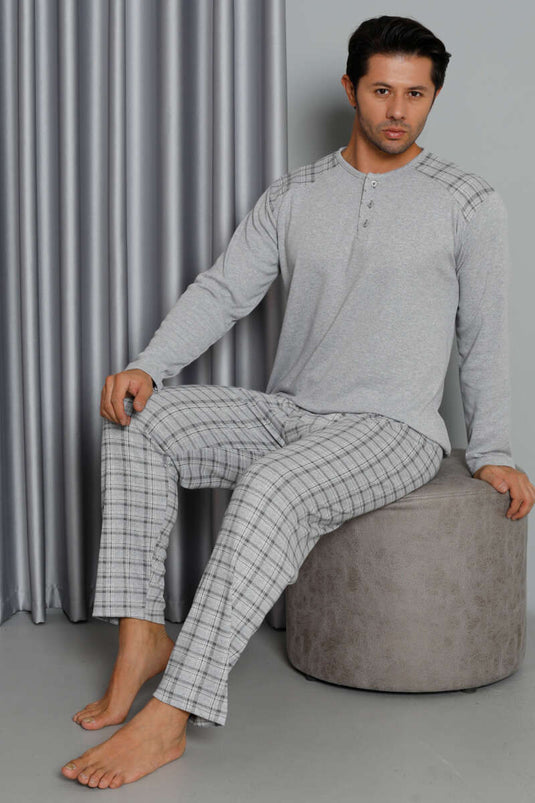 Uzun Kol Ekose Desen Erkek Pijama Takım Gri
