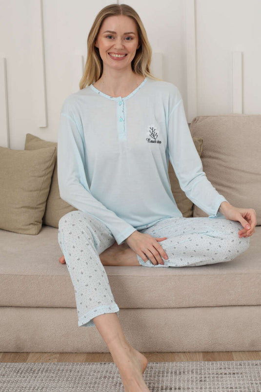 Long Sleeve Heart Detailed Buttoned Pajama Set Ice Blue