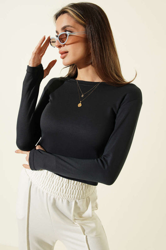 بلوزة قصيرة بأكمام طويلة لون أنثراسيت