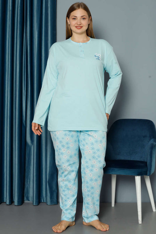Ensemble pyjama grande taille à manches longues et imprimé floral, couleur menthe