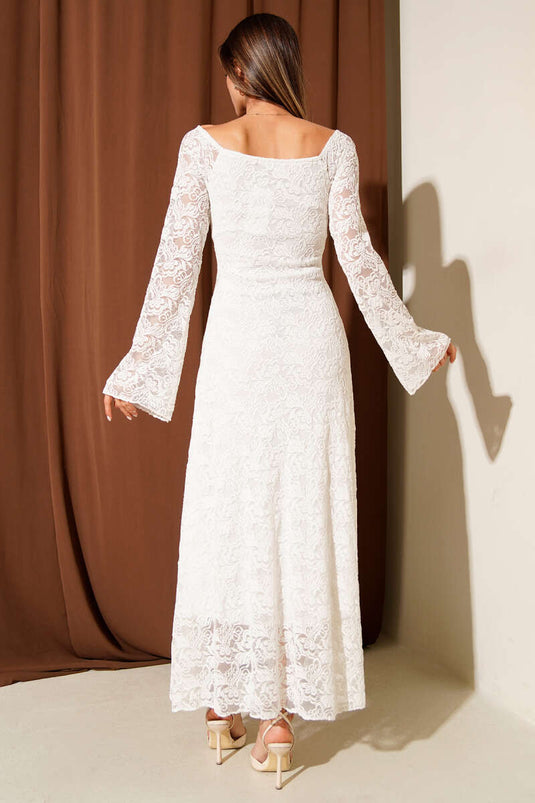 فستان ميدي من الدانتيل بأكمام طويلة، لون بيج فاتح