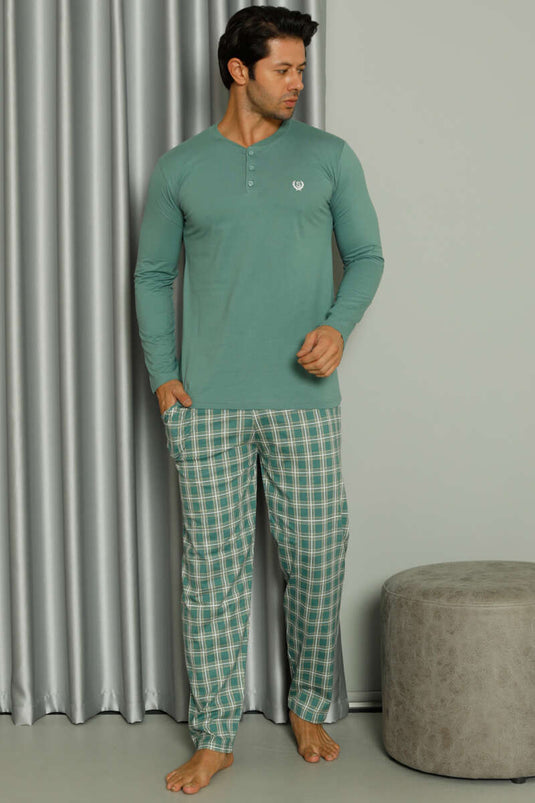 Uzun Kollu Düğmeli Ekoseli Erkek Pijama Takım Mint