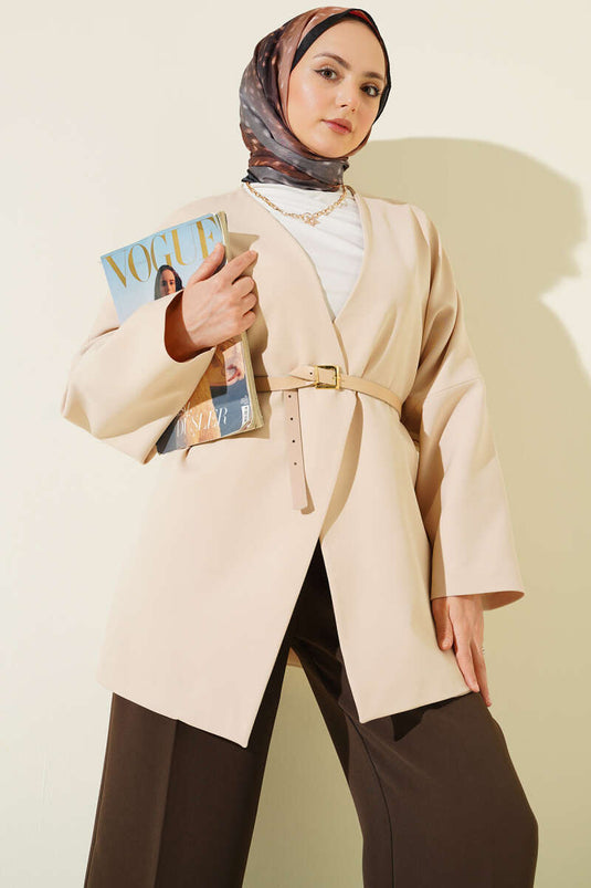 Giacca beige con cintura e maniche lunghe