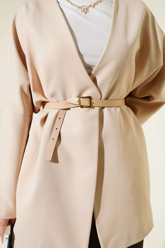 Giacca beige con cintura e maniche lunghe