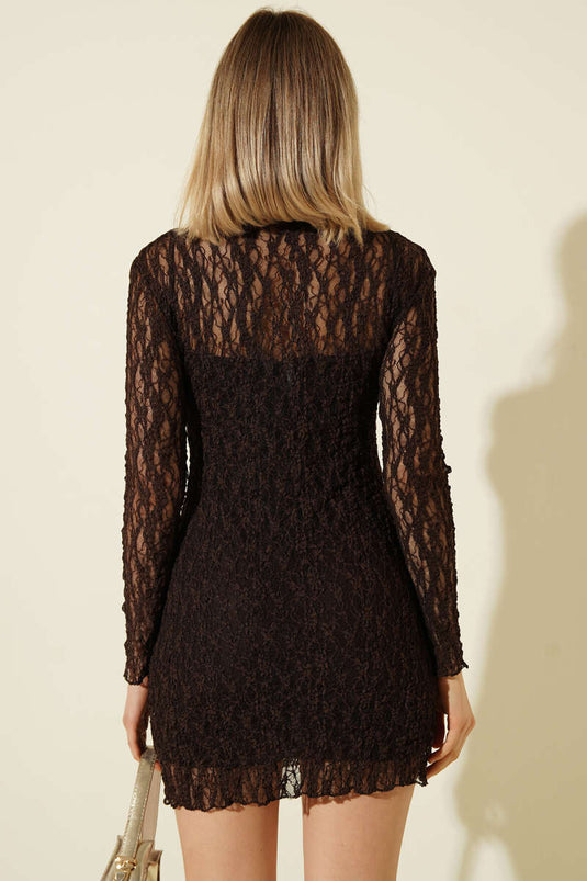 Long Sleeve Mini Lace Dress Coffee