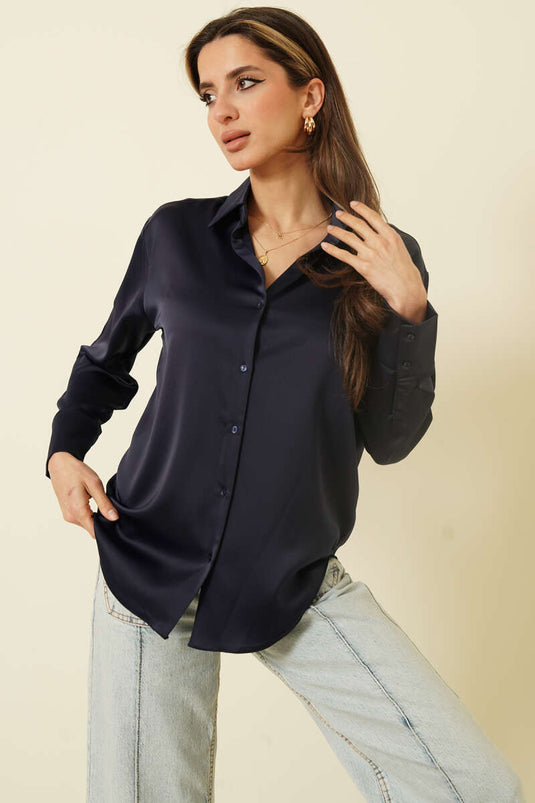 Long-Sleeved Satin Shirt Navy Blue