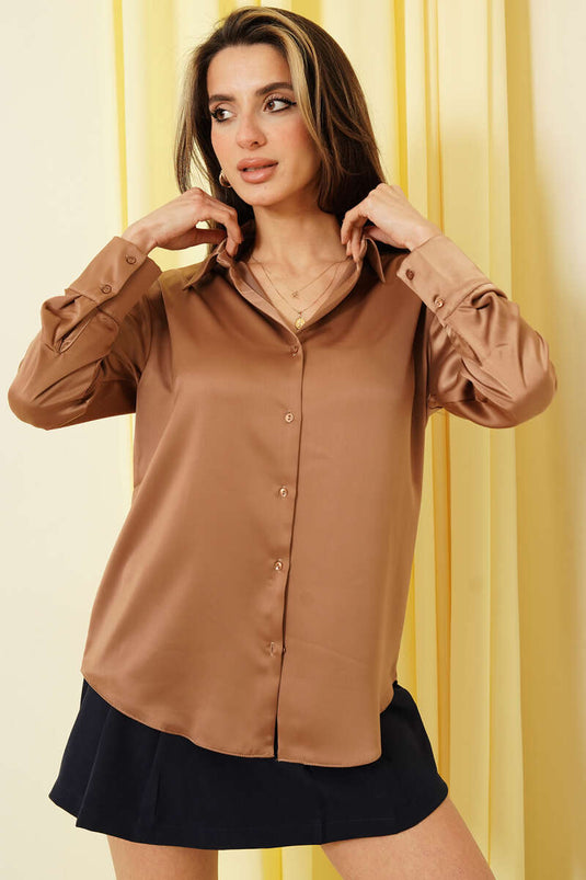 Uzun Kollu Saten Gömlek Latte