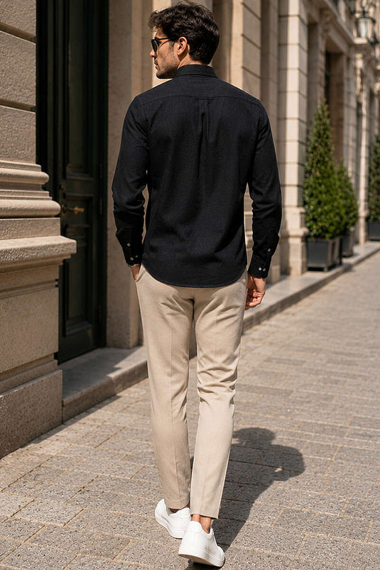 Uzun Kollu Slim Fit Düz Erkek Gömlek Siyah