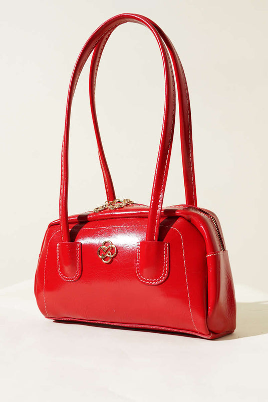 Long Handled Zippered Patent Leather Bag Red