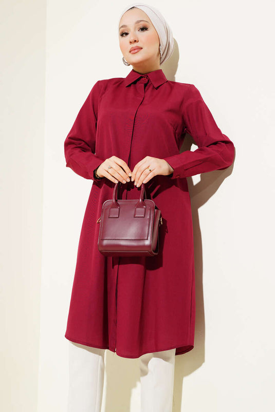 Uzun Model Klasik Yaka Tunik Bordo
