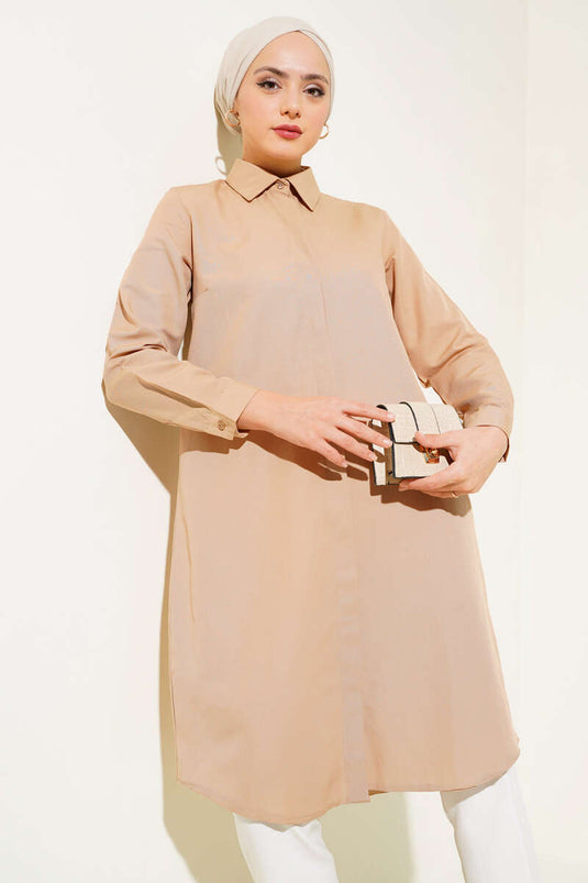 Uzun Model Klasik Yaka Tunik Camel