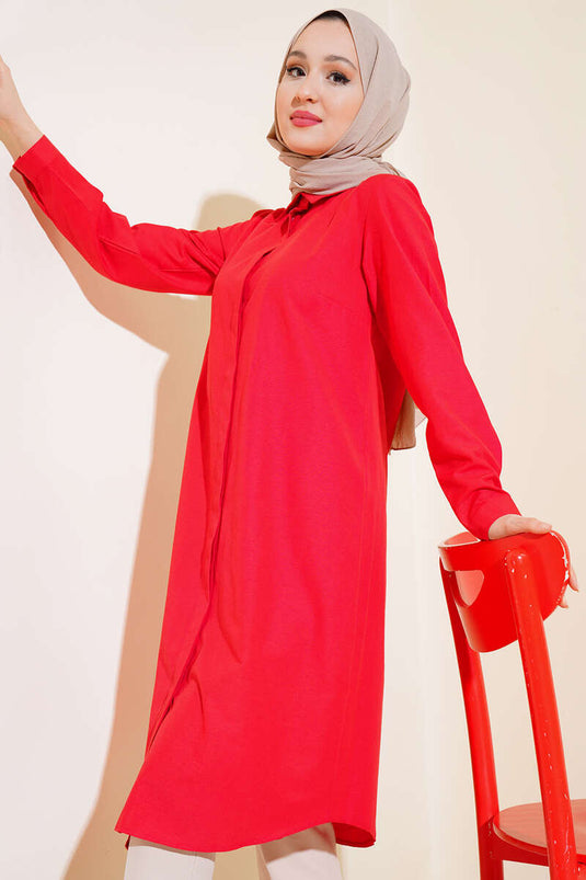 Long Model Classic Collar Tunic Red