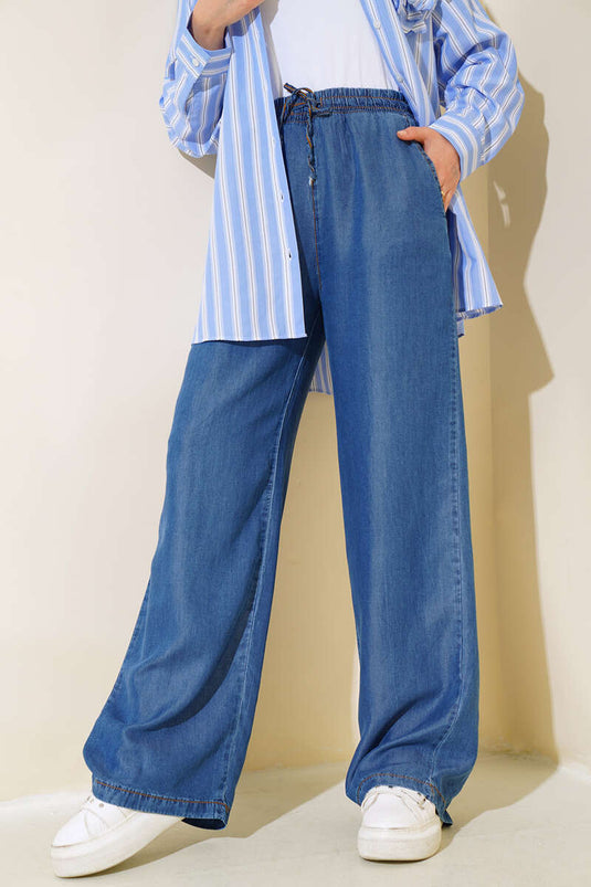 Pantalon Jeans Long Ample Taille Élastique Bleu Foncé