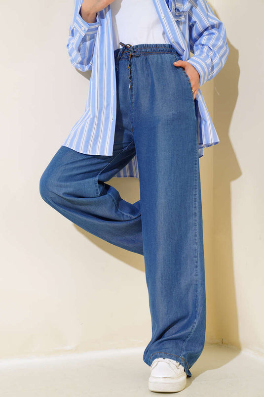 Pantalon Jeans Long Ample Taille Élastique Bleu Foncé