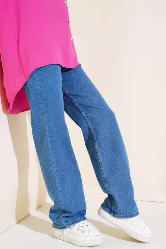 Pantalon Long Ample En Jean Bleu Denim