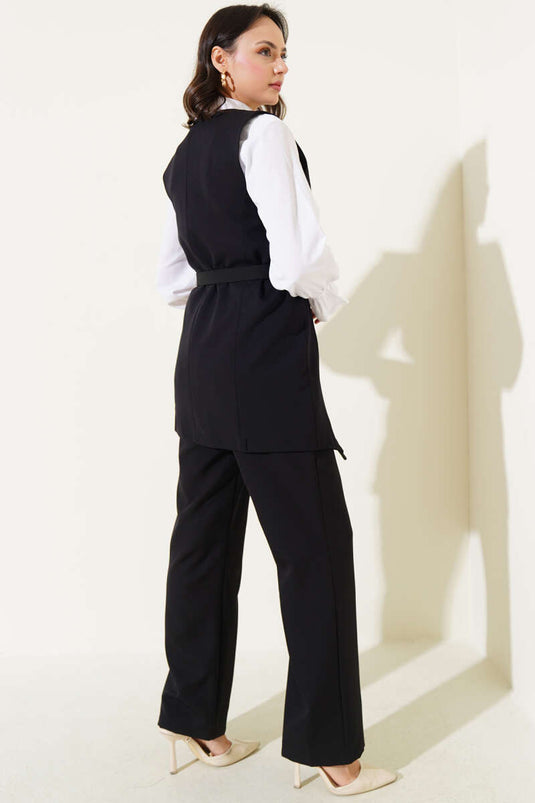 Lang vest met kruisknoopsluiting, tweedelig pak, zwart