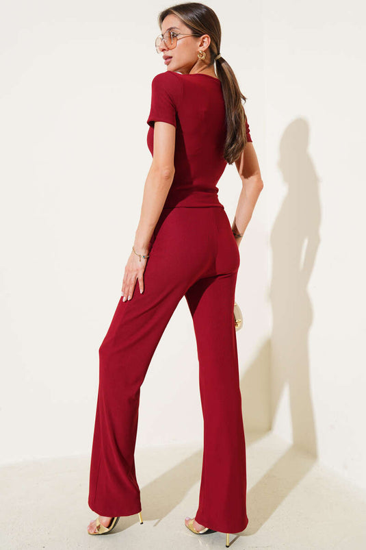 V Accessory Short Sleeve Two Piece Suit Burgundy