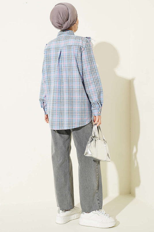Camicia a quadri blu con volant V Brode
