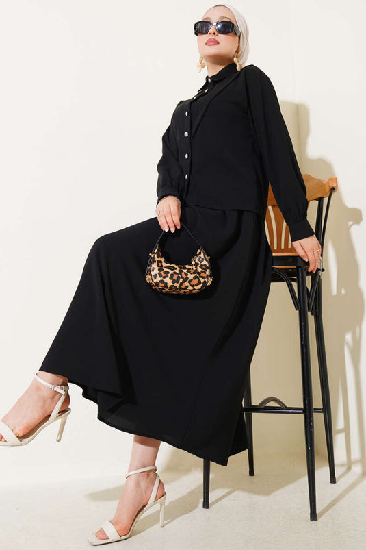 V Dikişli Etekli İkili Takım Siyah