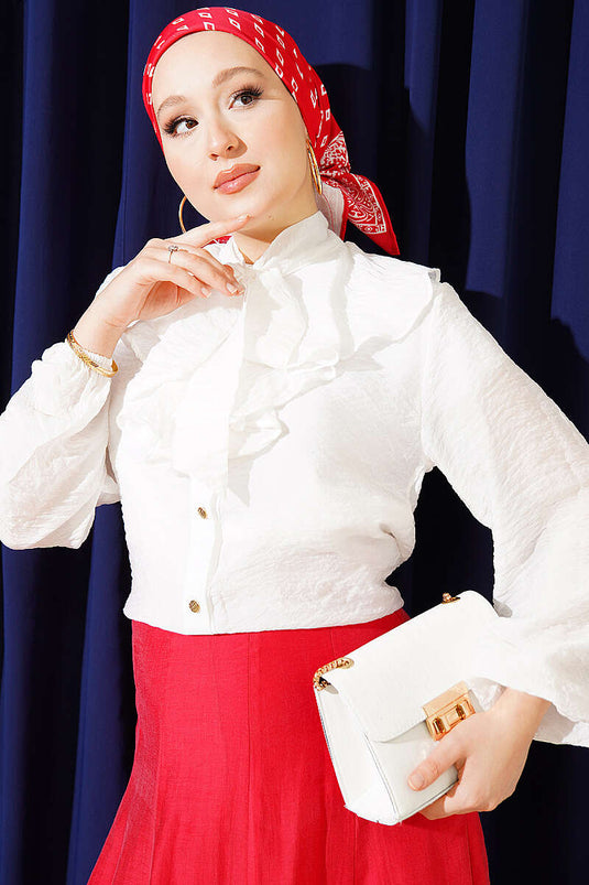 Ecru Korte Shirt Met Ruches En Strikdetail