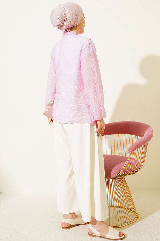Chemise Courte Rose À Volants Et À Nœud