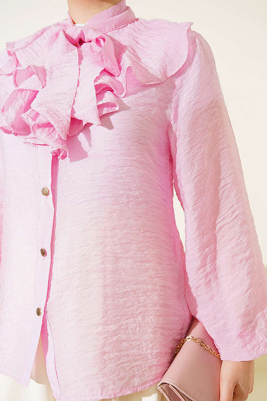 Chemise Courte Rose À Volants Et À Nœud