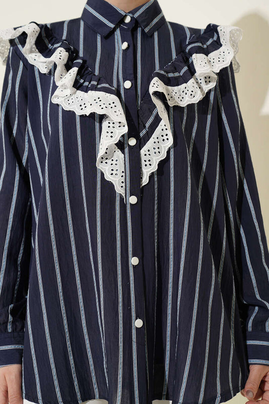 V Lace-Trimmed Striped Tunic Navy Blue